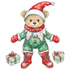 Fototapeta premium Adorable teddy bear dressed in a festive elf costume, perfect for cheerful holiday themes. Ideal for seasonal decorations and children's products.