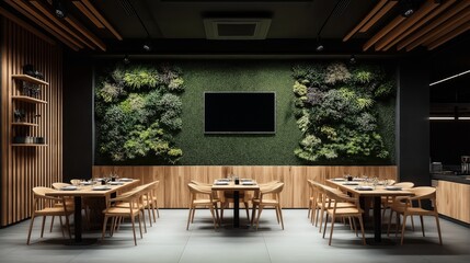 Fototapeta premium Modern restaurant interior with wooden tables and chairs, a vertical garden on the wall, and a large screen display