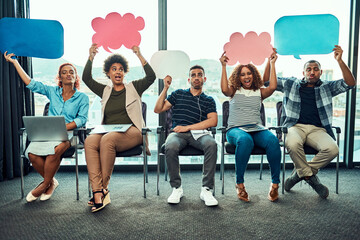 Diversity, business people and speech bubbles for opinion, recruitment and feedback in creative workplace. Comic, happy employees and coworkers with onboarding, interview or collaboration for mockup