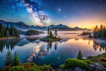 a serene lake nestled in wilderness, mirroring vibrant landscapes in a breathtaking panorama. An idyllic scene that evokes calm and reflection.