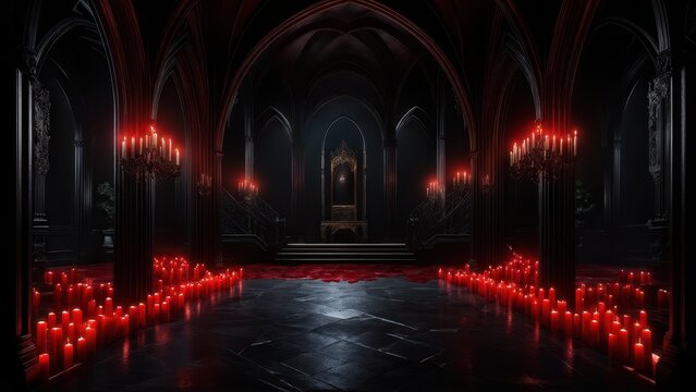 A dark, atmospheric interior with red candles and rose petals, suggesting a gothic theme.