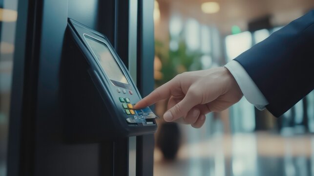 Close-up of a businessman's hand using a card reader to access a building.