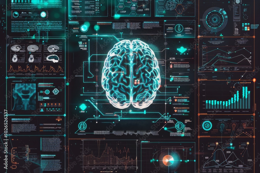 Wall mural x-ray of the human brain and multiple images showing different types of film, medical graphs in gree