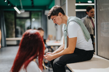 Fototapeta premium A group of teenagers interact in a contemporary classroom, creating a relaxed learning environment. The setting suggests collaboration and communication, with a focus on casual attire and youthful