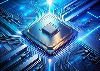 A sleek high-tech chip integrated into a futuristic backdrop, featuring intricate geometric shapes designed to enhance innovative product photography