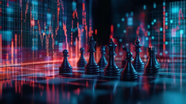Chess pieces on a board with a colorful digital background. - Powered by Adobe