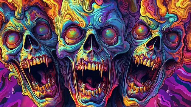 A digital art illustration of three skulls with open mouths and glowing eyes in bright colors.