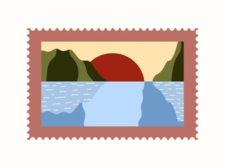 Red postage stamp with landscape. Dawn, mountains, river, bright colors. Letter, connection, communication. Vector illustration