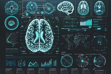 X-ray of the human brain and multiple images showing different types of film, medical graphs in green and blue overlaid on each other, medical themes, medical equipment icons
