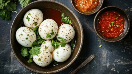Fresh Eggs with Spices and Sauces in Rustic Bowl
