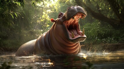 A hippo is in the water, with its mouth open and teeth bared. The scene is set in a lush, green forest, with sunlight filtering through the trees. Scene is one of wildness and freedom