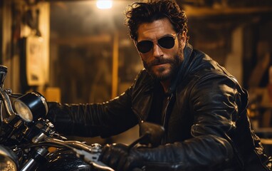Fototapeta premium A man in sunglasses sits on a motorcycle in a dimly lit garage at night
