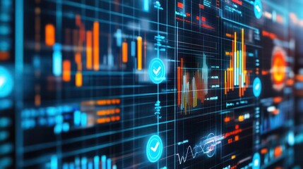 Abstract digital background with glowing blue and orange lines, graphs, and check marks, representing data, technology, and progress.