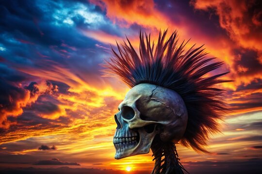 A striking skull silhouette adorned with a fierce mohawk, set against a vibrant sunset sky, creating an edgy atmosphere that captures raw energy and