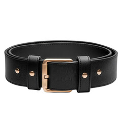 Stylish black leather belt with a gold buckle, isolated on a white background.