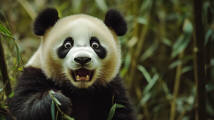 Obraz premium A panda bear is standing in a forest with its mouth wide open. The bear appears to be surprised or excited, possibly due to something it has seen or heard