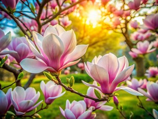 Obraz premium A stunning close-up of delicate white and pink saucer magnolia blooms, showcasing a beautiful spring landscape perfect for inspiring floral designs