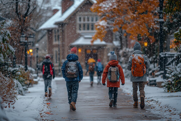 Obraz premium The children with backpacks are walking to school. It is cold winter weather outside, it is snowing. The children are waiting for the Christmas holidays.