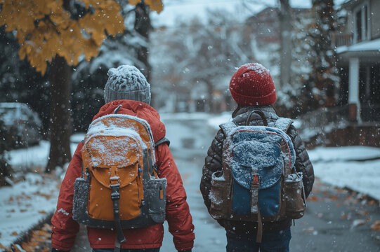 Two children with backpacks are walking to school along a suburban street. It is winter weather, it is snowing.