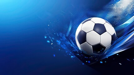 Naklejka premium A close-up of a classic black and white soccer ball in motion against a blue background with streaks of light and a grid pattern.