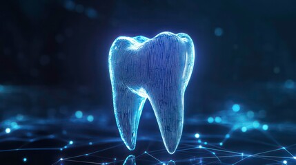 A glowing, 3D tooth on a blue, connected grid background.