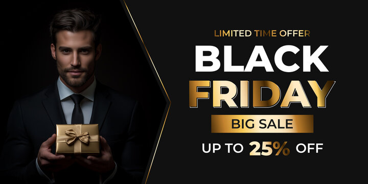 Black Friday sale banner with a man holding a gold gift box, limited time offer, up to 25% discount, holiday shopping season, luxury promotion