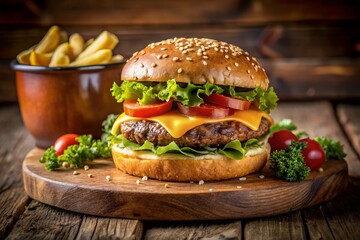 A tantalizing close-up of a gourmet cheeseburger featuring fresh ingredients, capturing the essence of delicious food photography that ignites the