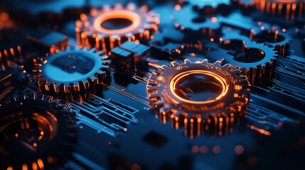 Interlocking Gears and Circuit Board Elements: A High-Resolution Digital Background Ideal for Engineering and Software Company Branding with Sharp Details.