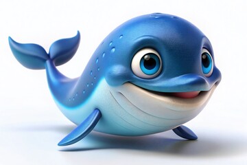A tiny blue whale character set against a stark white background, ideal for creative projects. Perfect for illustrations, animations, or playful