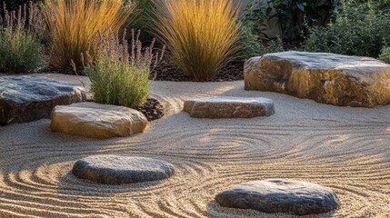Zen Garden with Gravel, Rocks, and Grass