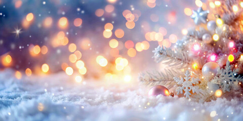 A snowy scene is brightened by twinkling bokeh lights and a festive tree adorned with colorful ornaments. Soft snowflakes and shimmering baubles create a magical holiday atmosphere. AI generated.