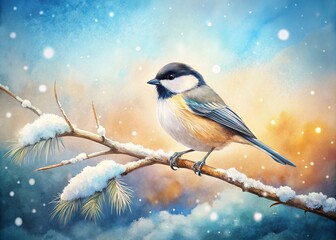 Obraz premium A tranquil winter watercolor bird illustration captures a cozy nature scene, featuring soft colors, snow-covered landscapes, and the serene beauty of