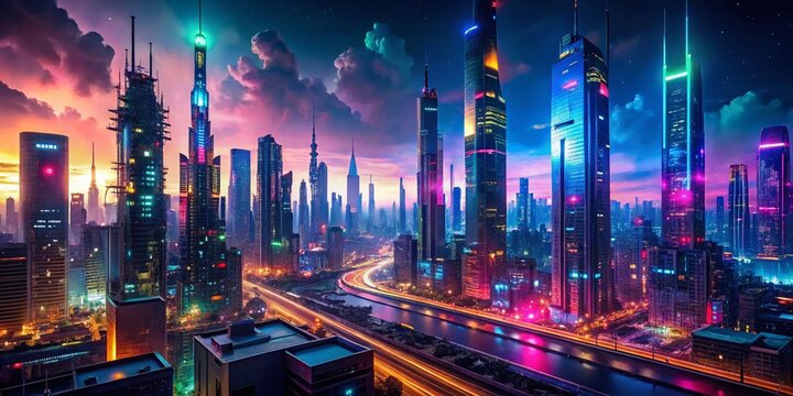 Futuristic Cityscape at Night with Neon Lights and Advanced Technology in a Dystopian Landscape for Sci-Fi Enthusiasts