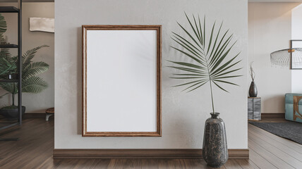 blank picture frame mockup on a wall vertical frame mockup in modern minimalist interior with plant in trendy vase on wall background