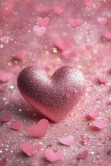 Fototapeta premium A sparkling pink heart surrounded by smaller heart shapes on a glittery pink background