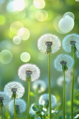 Obraz premium A field of dandelions swaying gently under soft sunlight in a serene green landscape