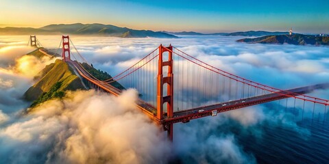 Obraz premium Golden Gate Bridge in Fog: Iconic San Francisco Landmark Emerging from Misty Atmosphere Amidst Dramatic Natural Scenery