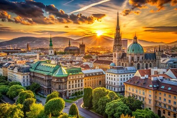 Fototapeta premium Golden Hour in Vienna: Captivating Cityscape Views of Historic Architecture and Scenic Landscapes at Dusk