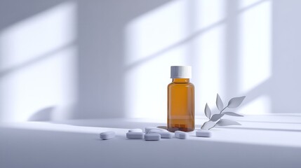 Pharmacy Essentials: A vitamin bottle, accompanied by scattered pills, captures the essence of health and wellness, symbolizing care and medication.