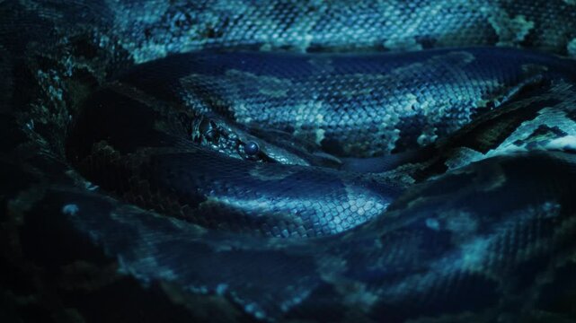 close up royal python lies curled up in the dark, small python in terrarium