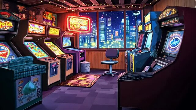 A retro arcade with glowing cabinets and a city view at night.