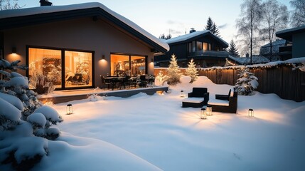 Cozy outdoor winter scene with snow-covered patio, illuminated house interior, and decorative lanterns creating a warm ambiance.