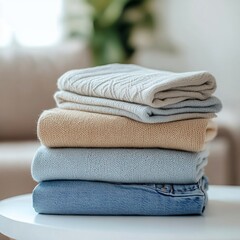 Neatly stacked knitted sweaters in soft tones displayed in a cozy room with sunlight