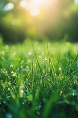 Sunlight through trees illuminates dew covered grass and white flowers in a serene scene