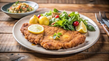 Delicious homemade chicken schnitzel served with fresh salad and lemon garnishes on a rustic wooden table