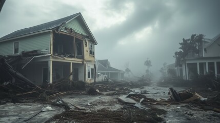 Fototapeta premium Devastated residential neighborhood with destroyed houses after a natural disaster under stormy skies
