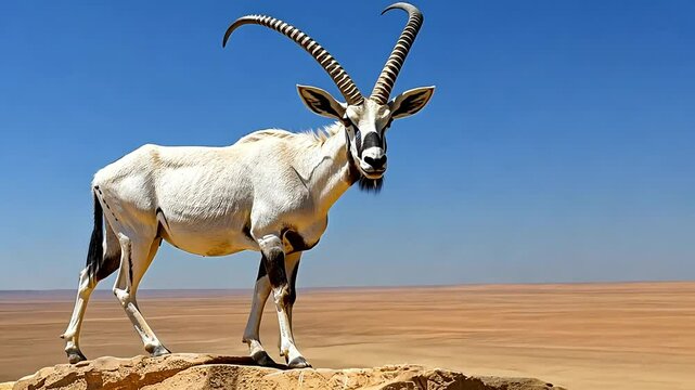 A Scimitar-horned Oryx stands atop a rock against a clear blue sky.