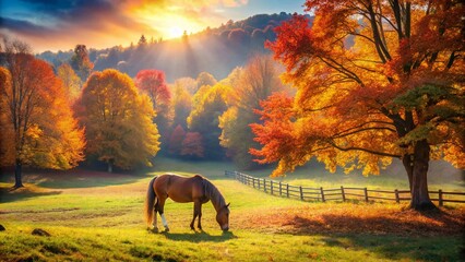 Autumn Meadow Serenity: Horse Grazing in Colorful Copse for Nature Enthusiasts
