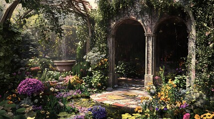 Fototapeta premium A lush, overgrown garden with stone archway and a terracotta pot.