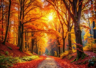 Obraz premium Autumn Path in the Woods with Falling Leaves - Aerial Photography of Vibrant Nature Trails